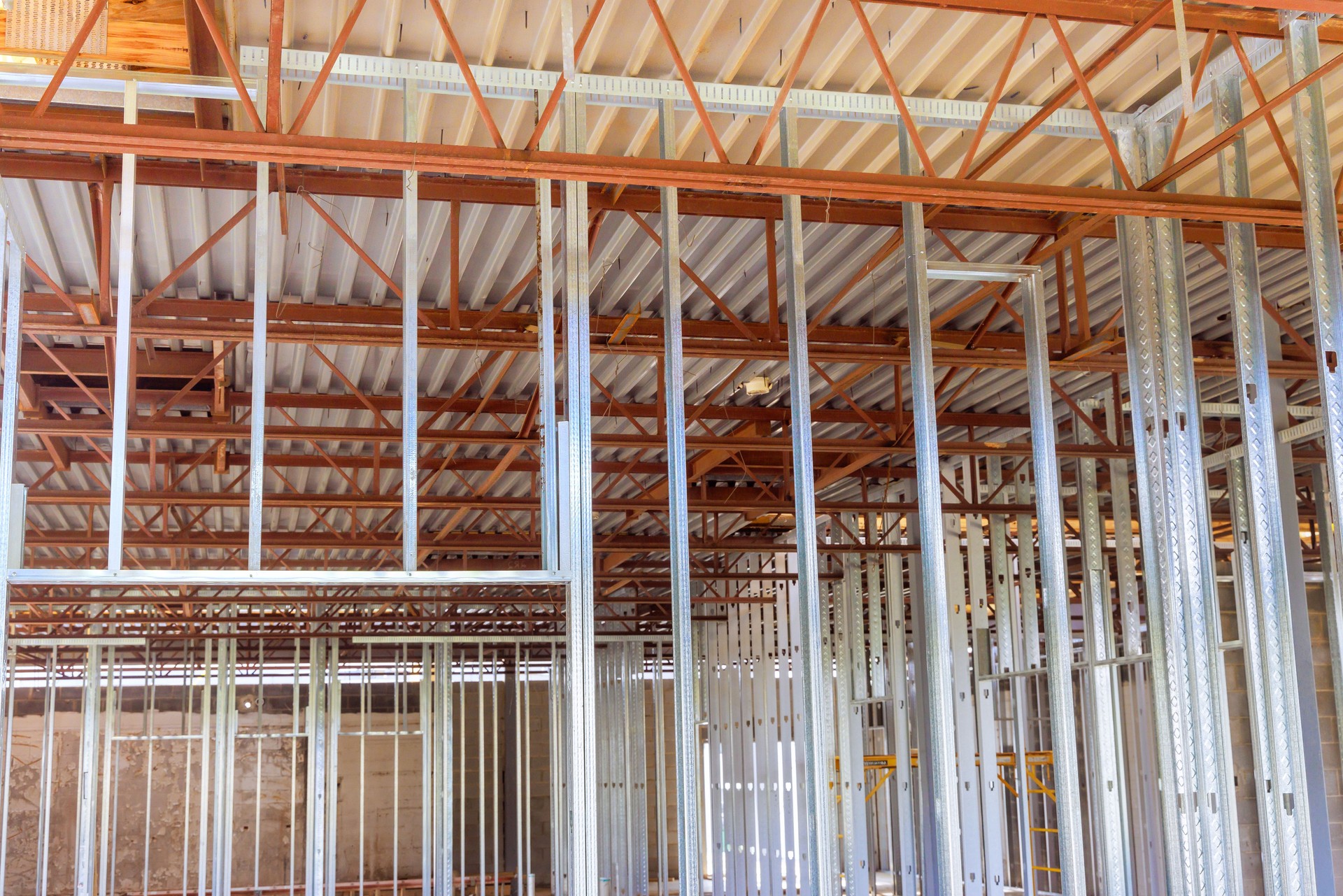 Large commercial building is constructed using steel beams a profiles